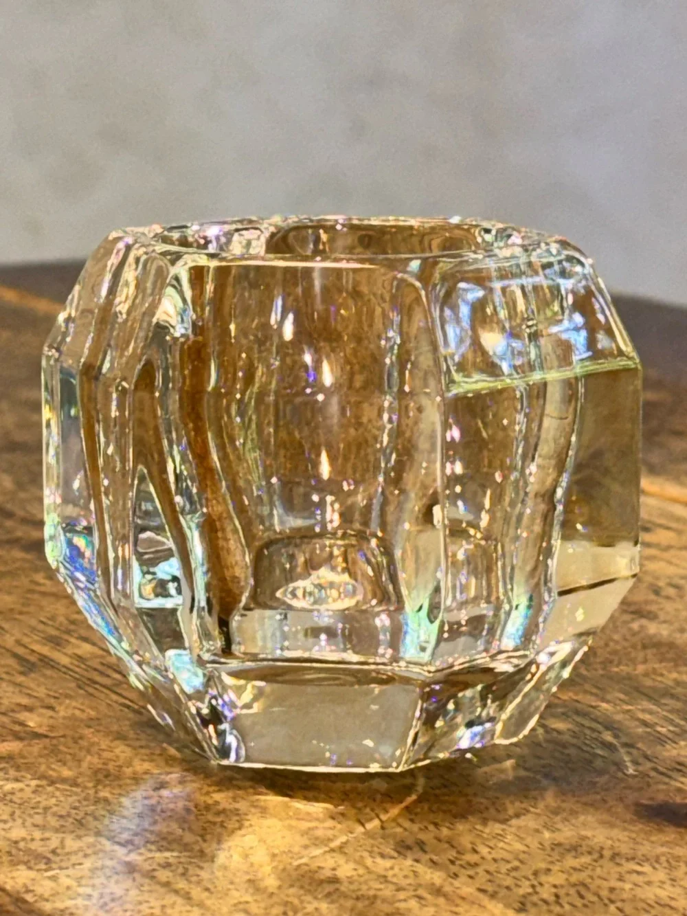 Vintage Heavy Crystal Glass Hexagon Votive Tealight Candle Holder Geometric